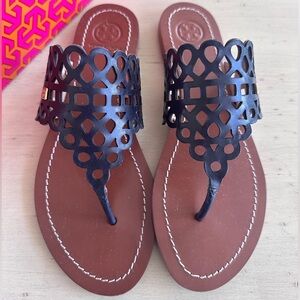 Tory Burch Navy “Davy Flat” Laser-Cut Leather Thong Sandals with Brown Footbed